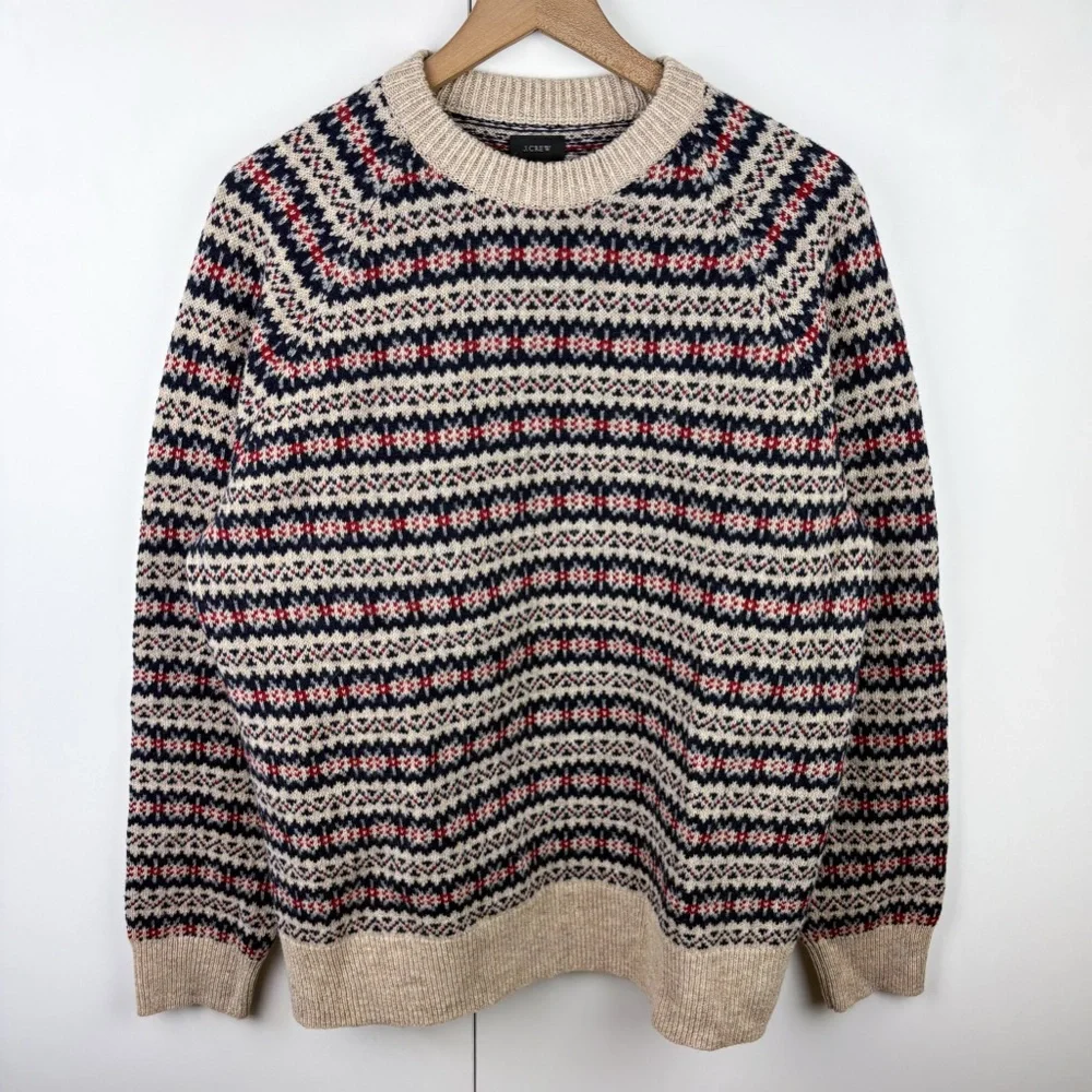 J. Crew 100% Lambswool Wool Fair Isle Crew Neck Sweater Tan Navy Red Mens Large